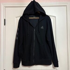 Adidas Men's Full Zip Hoodie Jacket Black‎ with 3 Stripes Gym Training Size L